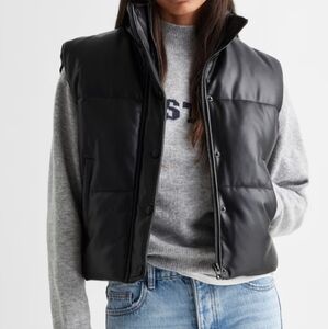 Women Faux Leather Puffer Vest  Zip Up Sleeveless Winter Cropped